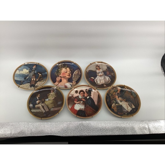 Knowles Rediscovered Women Norman Rockwell Ceramic Collector Plates & Hanger X6